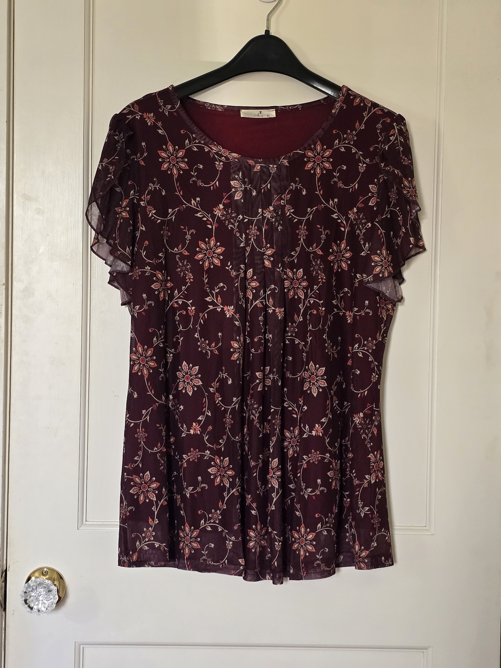 Women's Floral Ruffled Sleeve Top - Burgundy XL